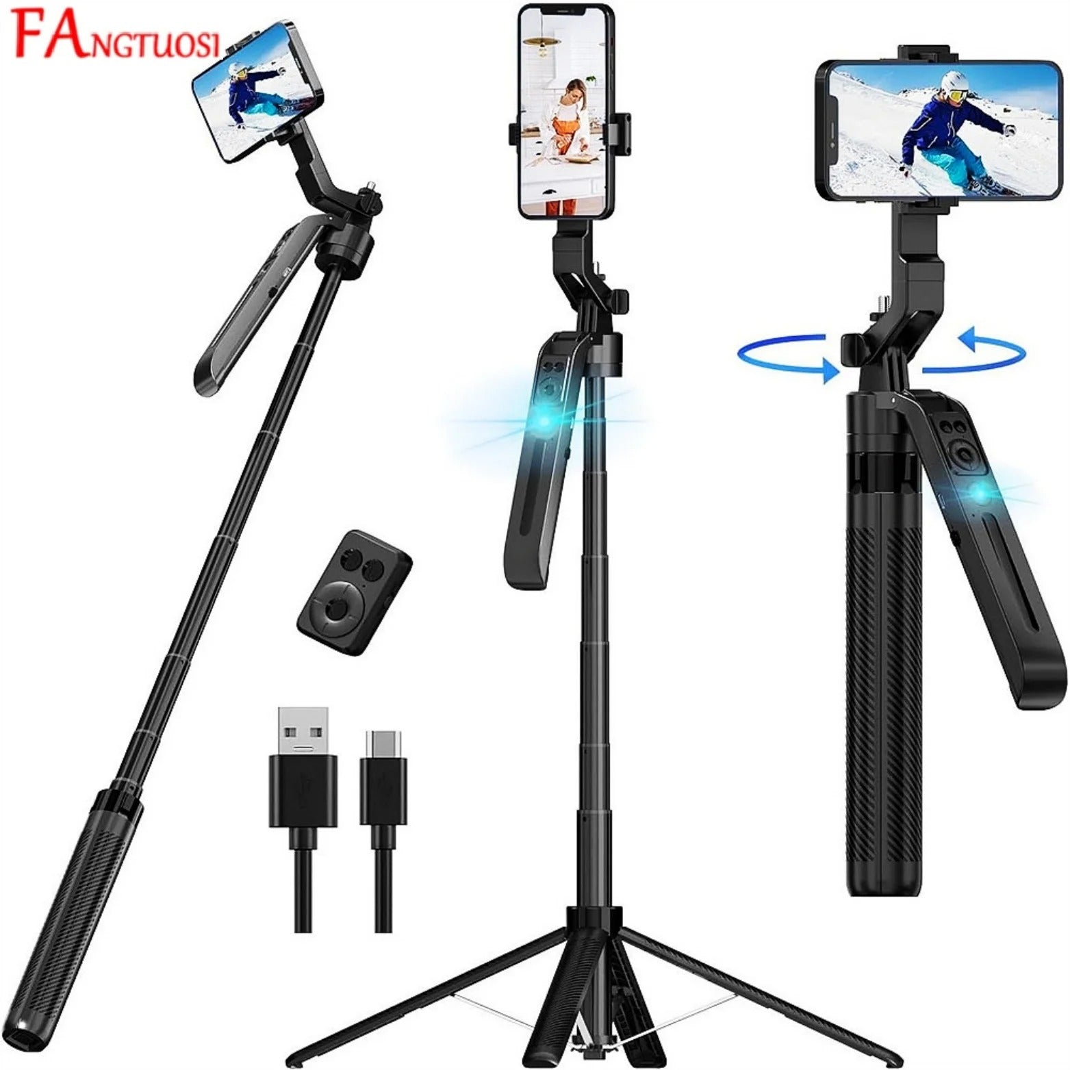 FANGTUOSI 2025 Selfie Stick stabilizer AI facial recognition with fill light Tripod,with Wireless Remote for iPhone Smartphone