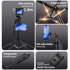 FANGTUOSI 2025 Selfie Stick stabilizer AI facial recognition with fill light Tripod,with Wireless Remote for iPhone Smartphone